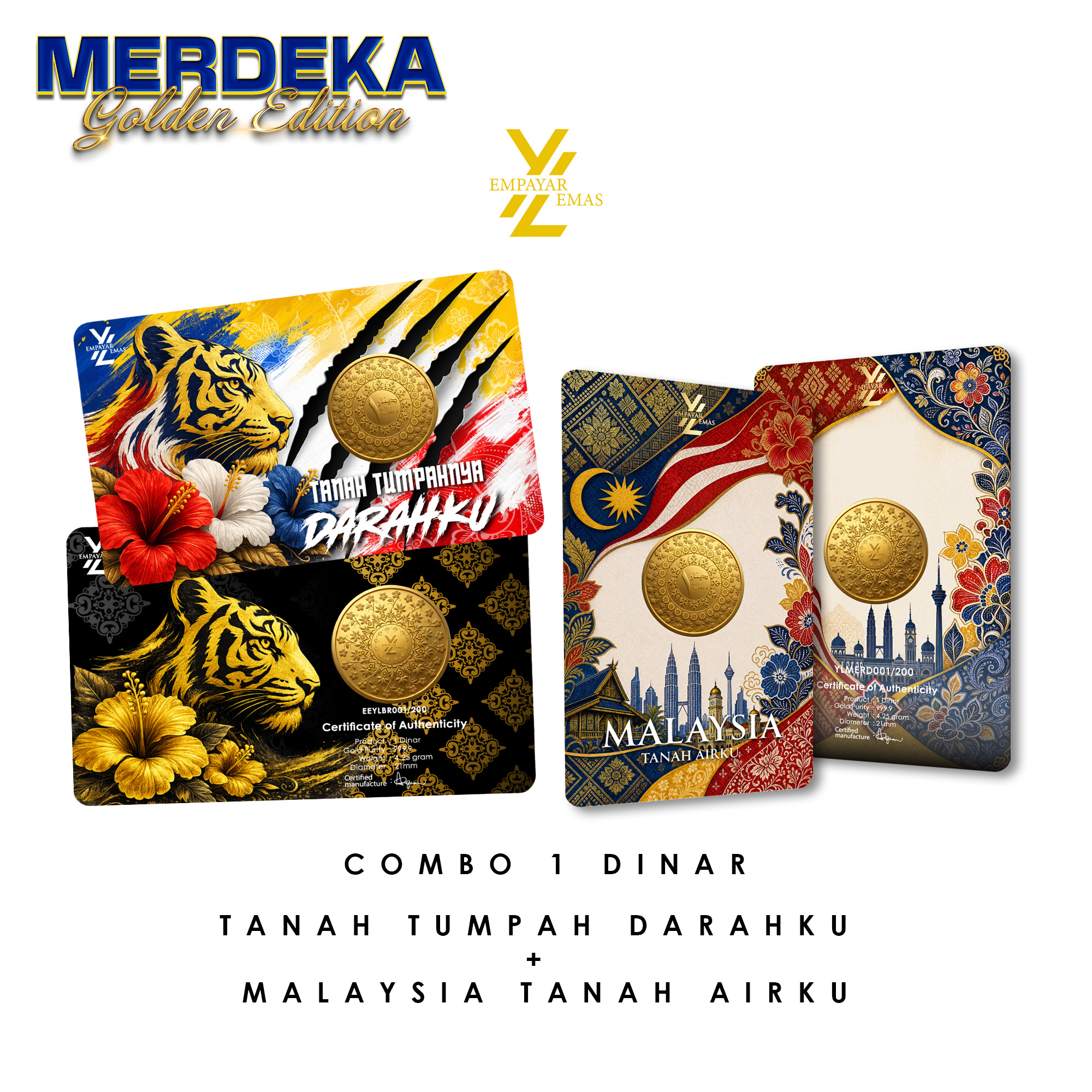 COMBO 1 DINAR TANAH TUMPAHNYA DARAHKU + MALAYSIA TANAH AIRKU (999.9)(READY STOK DI HQ: 28 OGOS 2026)